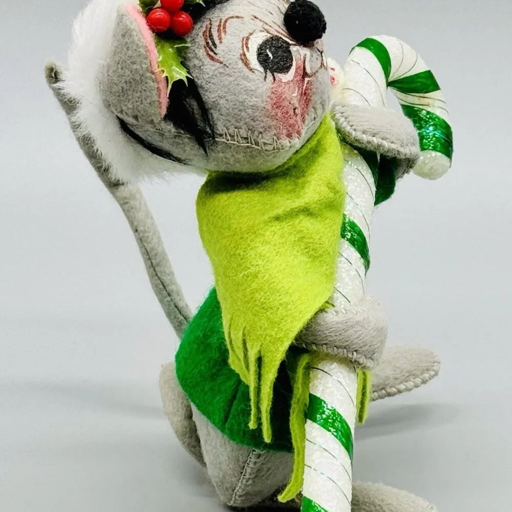 Annalee Mouse Candy Cane Santa Hat 6.5 inch 1988 Vintage Christmas USA Open Eyes